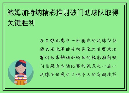 鲍姆加特纳精彩推射破门助球队取得关键胜利